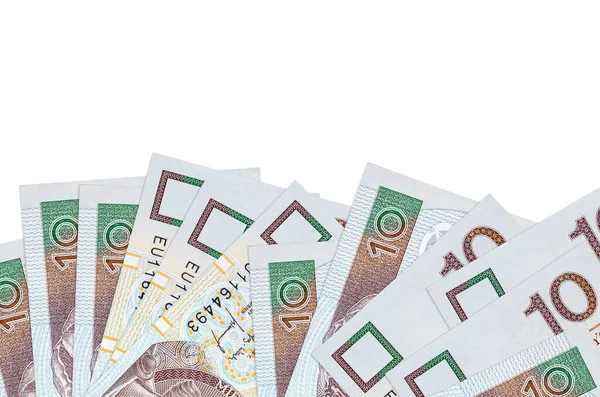 Ekranın alt tarafında 10 Polonyalı zloti banknotu var. Beyaz arka planda izole edilmiş ve fotokopi alanı var. Paralı iş kavramları için arkaplan afişi şablonu