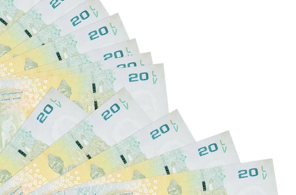 20 Tayland Baht banknotları beyaz arka planda izole edilmiş, fotokopi alanı da pervaneye yakın duruyor. Maaş zamanı kavramı veya finansal işlemler