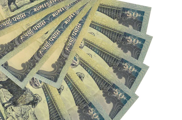 50 Nepal Rupisi banknotları beyaz arka planda izole edilmiş, fotokopi alanı da yakın planda. Finansal işlemler kavramı