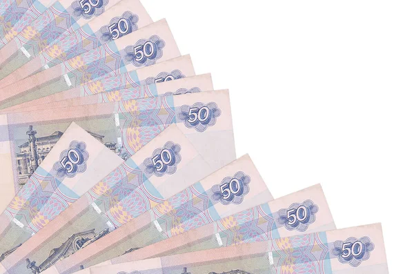 50个俄罗斯卢布的钞票被隔离在白色的背景上 影印空间被堆在扇子里 发薪时间概念或财务运作 — 图库照片