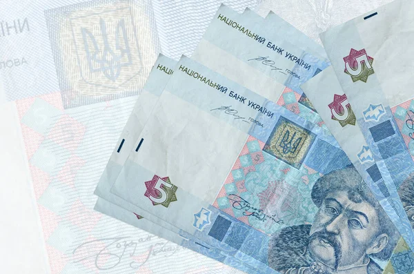 Ukraińskich Banknotów Hrywien Leży Stosach Tle Dużego Półprzezroczystego Banknotu Streszczenie — Zdjęcie stockowe