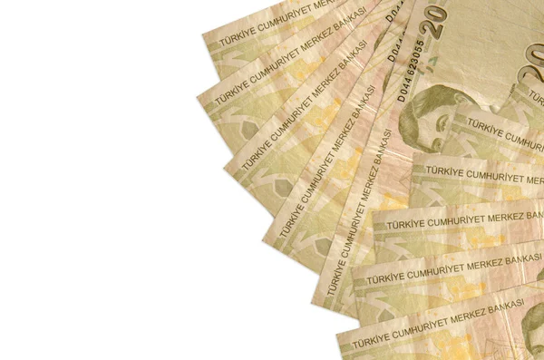 20 Türk lirası, beyaz zemin üzerinde fotokopi alanı ile izole bir şekilde duruyor. Zengin yaşam kavramsal geçmişi. Büyük miktarda ulusal para birimi zenginliği