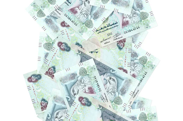 500 Uae 디르함 지폐가 흰색으로 분리되어 날아가고 있습니다 왼쪽과 오른쪽에 — 스톡 사진