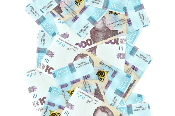 1000个乌克兰人的Hryvnias法案被隔离在白色的天空中 许多钞票的左右两侧都有空白的空白 — 图库照片