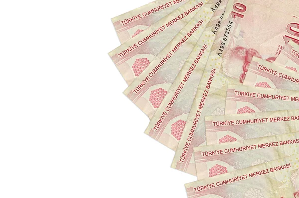 10 Türk lirası banknotlar beyaz zemin üzerinde fotokopi alanı ile izole bir şekilde duruyor. Zengin yaşam kavramsal geçmişi. Büyük miktarda ulusal para birimi zenginliği