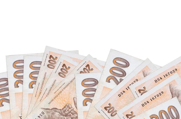 Ekranın alt tarafında 200 Çek korun banknotu var. Beyaz arka planda, kopyalama alanı ile izole edilmiş. Paralı iş kavramları için arkaplan afişi şablonu