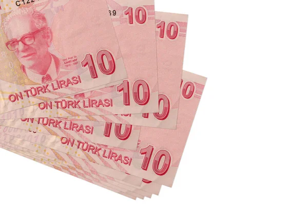 10 Türk lirası banknotlar küçük gruplar halinde ya da beyaz paketler halinde uzanıyor. Kopyalama alanı olan bir model. İş ve para değişimi kavramı
