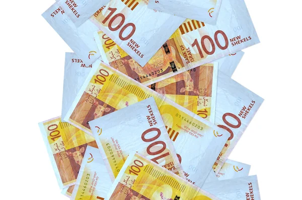 100 Nuove Banconote Shekel Israeliane Che Volano Isolate Sul Bianco — Foto Stock