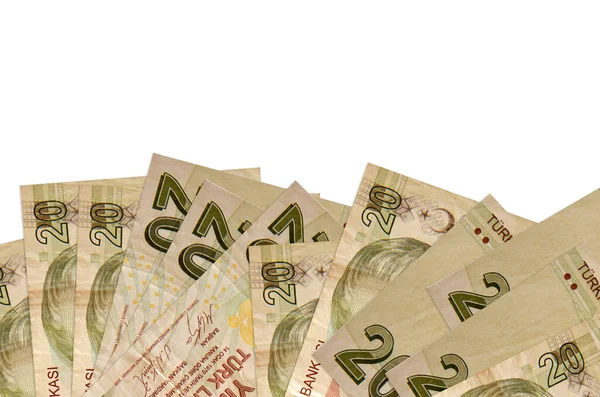 Ekranın alt tarafında 20 Türk lirası var. Beyaz zemin üzerinde izole edilmiş ve fotokopi alanı var. Paralı iş kavramları için arkaplan afişi şablonu