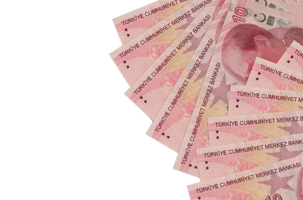 10 Türk lirası banknotlar beyaz zemin üzerinde fotokopi alanı ile izole bir şekilde duruyor. Zengin yaşam kavramsal geçmişi. Büyük miktarda ulusal para birimi zenginliği