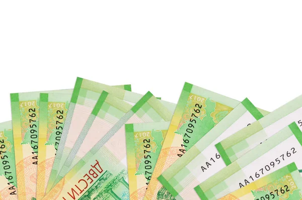 Ekranın alt tarafında 200 Rus rublesi banknotu var. Beyaz arka planda izole edilmiş ve kopyalama alanı var. Paralı iş kavramları için arkaplan afişi şablonu