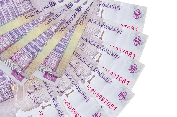 50000张罗马尼亚语Leu帐单被隔离在白色背景上 影印空间以扇形堆叠在一起 金融交易概念 — 图库照片