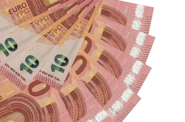 10 avroluk banknotlar beyaz arka planda izole edilmiş, fotokopi alanı da yakın planda. Finansal işlemler kavramı