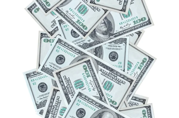100 dolarlık banknotlar beyazlar üzerinde izole bir şekilde uçuyor. Birçok banknot sol ve sağ tarafta beyaz kopya alanı ile düşüyor