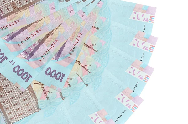 1000 tane Ukrayna hrivniası banknotu beyaz arka planda izole edilmiş, fotokopi alanı da yakın planda. Finansal işlemler kavramı