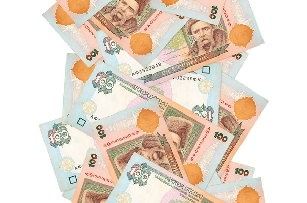 Beyaz üzerinde izole edilmiş 100 Ukrayna hrivniası banknotu. Birçok banknot sol ve sağ tarafta beyaz kopya alanı ile düşüyor