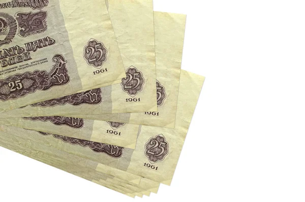 25 Rus rublesi küçük gruplar halinde ya da beyaza izole edilmiş paketler halinde duruyor. Kopyalama alanı olan bir model. İş ve para değişimi kavramı