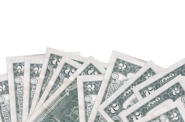 Ekranın alt tarafında, beyaz arka planda, fotokopi alanı ile izole edilmiş 2 Amerikan doları duruyor. Paralı iş kavramları için arkaplan afişi şablonu