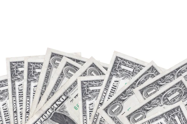 Ekranın alt tarafında 1 Amerikan doları banknotları var. Beyaz arka planda izole edilmiş ve fotokopi alanı var. Paralı iş kavramları için arkaplan afişi şablonu