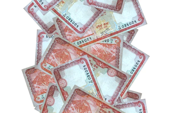 20 Nepal Rupisi banknotları beyazın üzerinde izole bir şekilde uçuyor. Birçok banknot sol ve sağ tarafta beyaz kopya alanı ile düşüyor