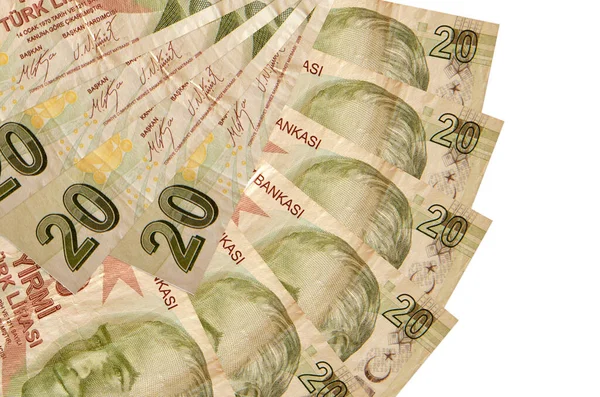 20 Türk lirası beyaz zemin üzerinde izole edilmiş, fotokopi alanı da fan şeklinde dizilmiş. Finansal işlemler kavramı