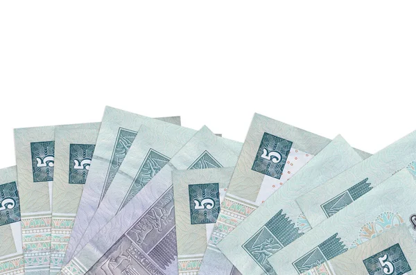 Ekranın alt tarafında 5 Mısır sterlinli banknotlar var. Beyaz arka planda, kopyalama alanı ile izole edilmiş. Paralı iş kavramları için arkaplan afişi şablonu