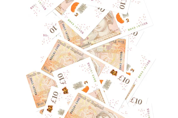 Tien Britse Pond Biljetten Vliegen Geïsoleerd Wit Veel Bankbiljetten Vallen — Stockfoto