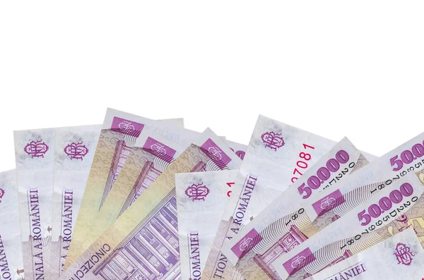 Ekranın alt tarafında 50 bin Rumen ley banknotu var. Beyaz arka planda izole edilmiş ve fotokopi alanı var. Paralı iş kavramları için arkaplan afişi şablonu