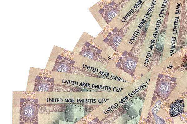 Uae Dirhams Νομοσχέδια Βρίσκεται Διαφορετική Σειρά Απομονώνονται Λευκό Τοπική Τραπεζική — Φωτογραφία Αρχείου