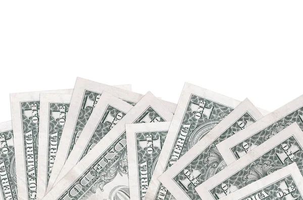 Ekranın alt tarafında 1 Amerikan doları banknotları var. Beyaz arka planda izole edilmiş ve fotokopi alanı var. Paralı iş kavramları için arkaplan afişi şablonu