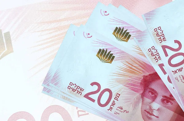 Israëlische Nieuwe Shekels Biljetten Liggen Stapel Achtergrond Van Grote Semi — Stockfoto