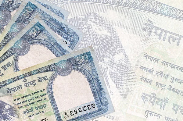 Nepalskich Banknotów Rupii Leży Stosach Tle Dużego Półprzezroczystego Banknotu Streszczenie — Zdjęcie stockowe