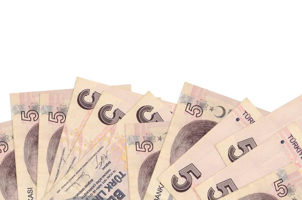 Ekranın alt tarafında, beyaz zemin üzerinde, kopya alanı ile izole edilmiş 5 Türk lirası bulunuyor. Paralı iş kavramları için arkaplan afişi şablonu