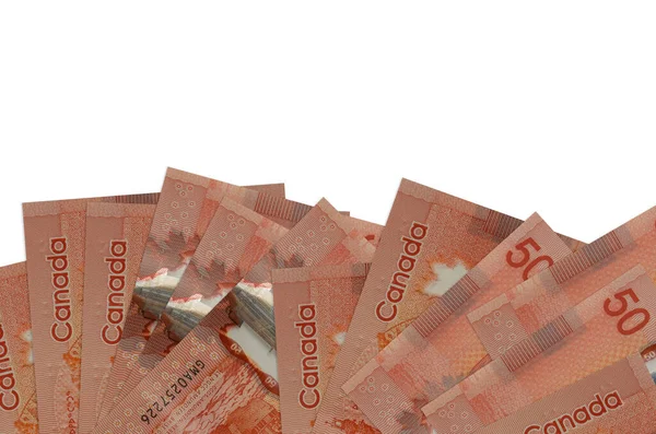 Ekranın alt tarafında 50 Kanada doları banknot var. Beyaz arka planda izole edilmiş ve fotokopi alanı var. Paralı iş kavramları için arkaplan afişi şablonu