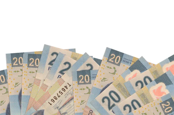 Ekranın alt tarafında 20 Meksika pezosu duruyor. Beyaz arka planda izole edilmiş ve fotokopi alanı var. Paralı iş kavramları için arkaplan afişi şablonu