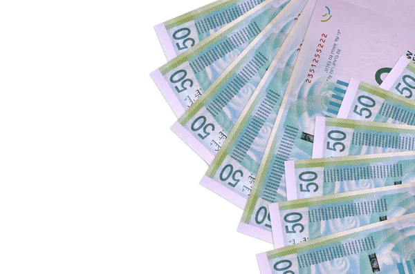 Izraelskich Banknotów Nowe Sykle Leży Odizolowanych Białym Tle Przestrzenią Kopiowania — Zdjęcie stockowe