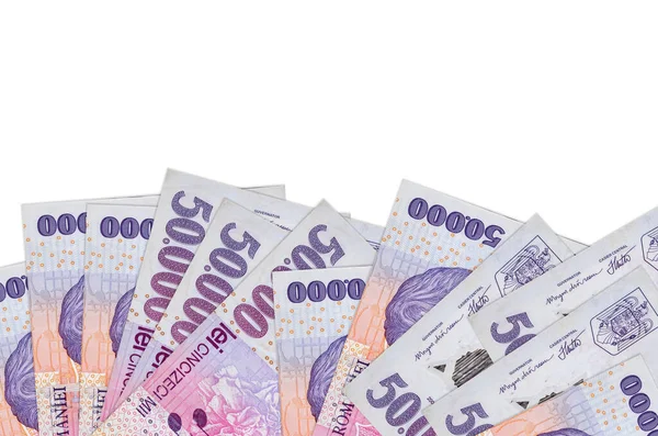 Ekranın alt tarafında 50 bin Rumen ley banknotu var. Beyaz arka planda izole edilmiş ve fotokopi alanı var. Paralı iş kavramları için arkaplan afişi şablonu