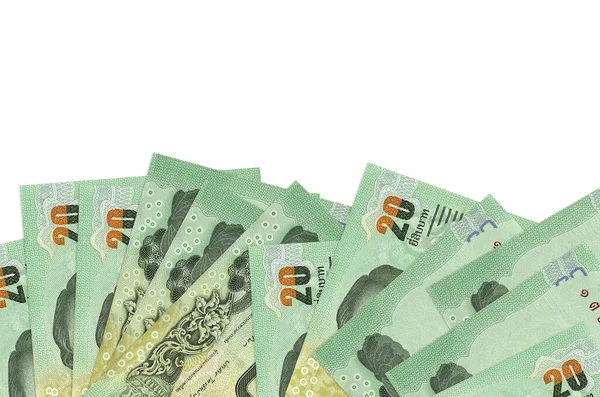 Ekranın alt tarafında 20 Tayland Baht banknotu var. Beyaz arka planda izole edilmiş ve fotokopi alanı var. Paralı iş kavramları için arkaplan afişi şablonu