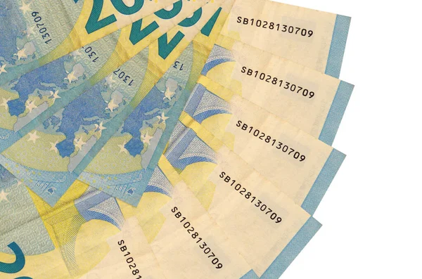 Eurosedlar Ligger Isolerade Vit Bakgrund Med Kopia Utrymme Staplade Fläkt — Stockfoto