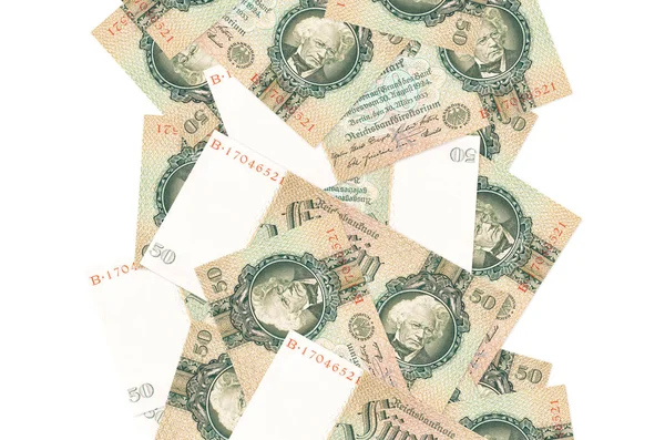 50个帝国标记钞票在白色上被孤立地飘扬下来 许多钞票的左右两侧都有空白的空白 — 图库照片
