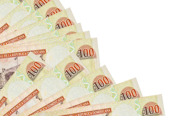 100张多米尼加比索钞票被隔离在白色背景上 影印空间被堆在扇子里 发薪时间概念或财务运作 — 图库照片