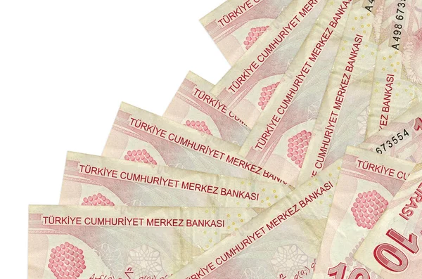 10 Türk lirası, beyaza izole edilmiş olarak farklı bir sırayla yatar. Yerel bankacılık ya da para kazanma konsepti. İş arkaplanı afişi