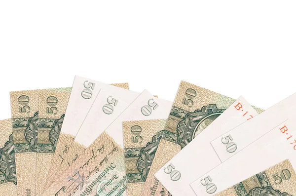 Ekranın alt tarafında 50 Reich işareti banknotları var. Beyaz arka planda, kopyalama alanı ile izole edilmiş. Paralı iş kavramları için arkaplan afişi şablonu