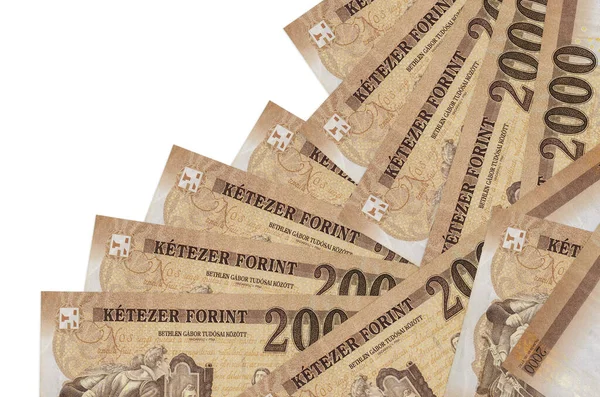 2000 Macar forint banknotları beyaza izole edilmiş farklı bir sırayla yatar. Yerel bankacılık ya da para kazanma konsepti. İş arkaplanı afişi