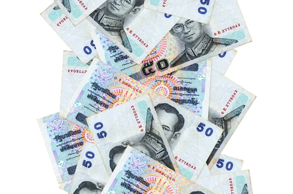 50 Tayland Baht banknotları beyazın üzerinde tek başına uçuyor. Birçok banknot sol ve sağ tarafta beyaz kopya alanı ile düşüyor