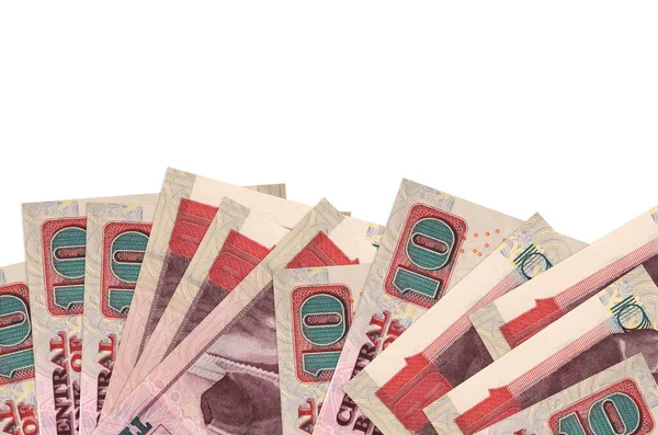 Ekranın alt tarafında, beyaz arka planda izole edilmiş, fotokopi alanı olan 10 Mısırlı banknot bulunuyor. Paralı iş kavramları için arkaplan afişi şablonu
