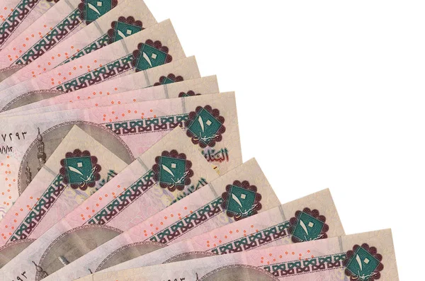 10 Mısır sterlinli banknotlar beyaz arka planda izole edilmiş, fotokopi alanı da pervaneye yakın duruyor. Maaş zamanı kavramı veya finansal işlemler