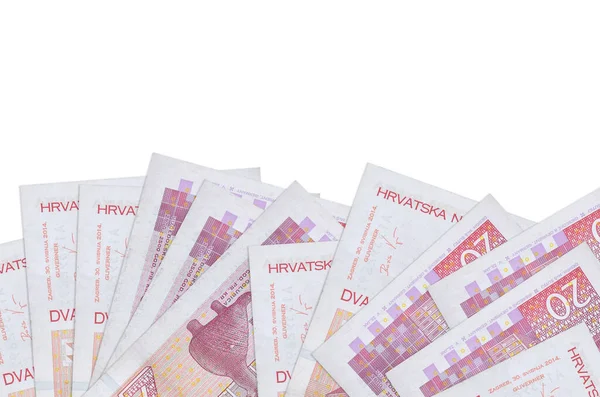 Ekranın alt tarafında bulunan 20 Hırvat kuna banknotu, beyaz arka planda izole edilmiş ve fotokopi alanı barındırıyor. Paralı iş kavramları için arkaplan afişi şablonu