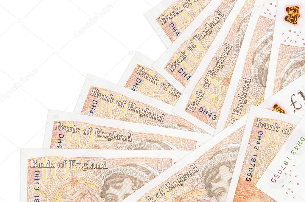 10 British pounds bills lies in different order isolated on white. Local banking or money making concept. Business background banner