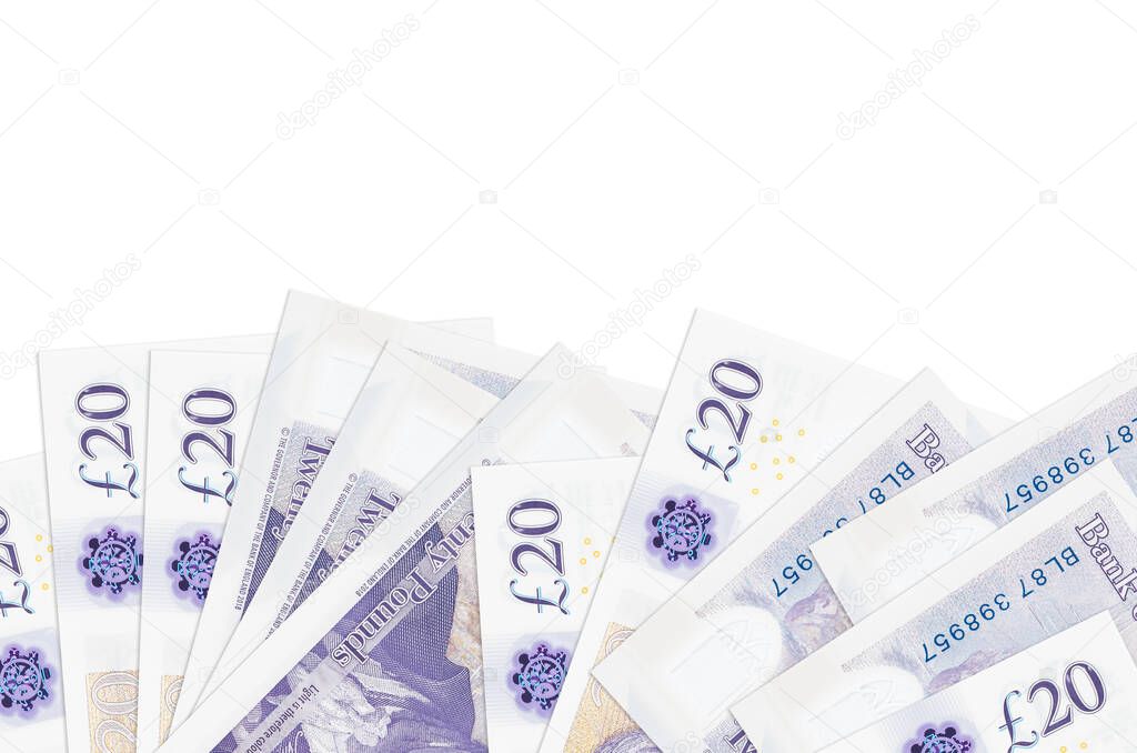 20 British pounds bills lies on bottom side of screen isolated on white background with copy space. Background banner template for business concepts with money
